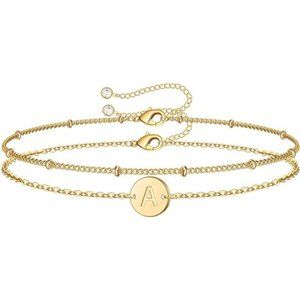 Gold Initial Bracelets for Women Girls, Dainty 14K Gold Filled Layered Beaded